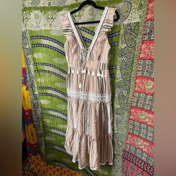 Hemant & Nandita Multicolored Cotton Pixie Fringe Midi Dress Size Medium - Picture 3 of 16